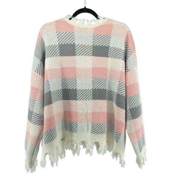 Hazel Moon Women’s Pink Grey Plaid V-Neck Distressed Fringe Pullover Sweater 3X - Picture 3 of 13